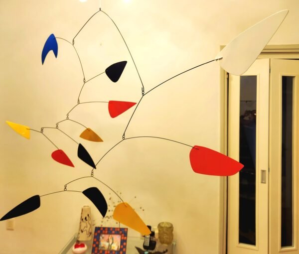 "Large Vintage Ceiling Mobile: Kinetic Art Inspired by Marcel Duchamps, Munari, Man Ray, Jean Tinguely, Naun Gabo," connection with influential artists in the field of kinetic art.