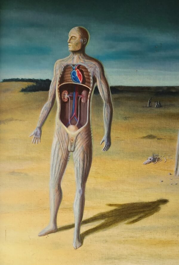 Rare old painting on canvas from the 1960s. Illegible signature titled ''Anatomical Meditator''. - Image 3