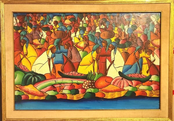 Here is a very interesting work by a Haitian artist called Sanon Roosevelt. oil on cardboard signed by Sanon Roosevelt. and mentions a place called Da Pouch. Measurements 23" x 18". - Image 2