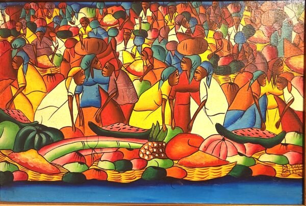 Here is a very interesting work by a Haitian artist called Sanon Roosevelt. oil on cardboard signed by Sanon Roosevelt. and mentions a place called Da Pouch. Measurements 23" x 18".