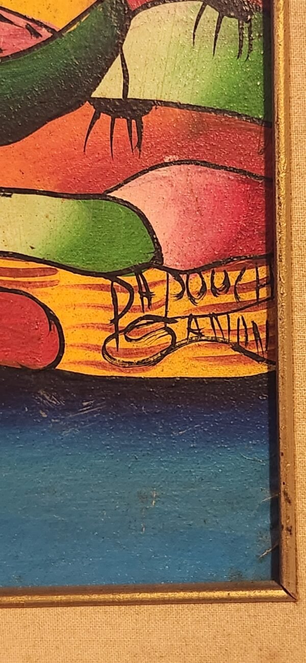 Here is a very interesting work by a Haitian artist called Sanon Roosevelt. oil on cardboard signed by Sanon Roosevelt. and mentions a place called Da Pouch. Measurements 23" x 18". - Image 4